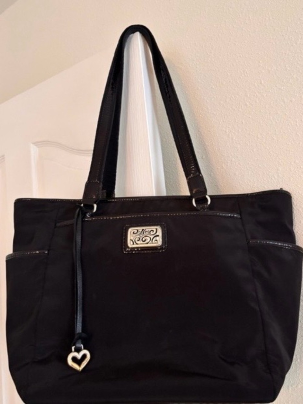 Brighton Heritage Collection Black Patent Leather & Nylon Stevie Tote w/Charm